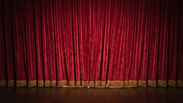 Dramatic red velvet stage curtains framing an empty spotlighted theater floor.