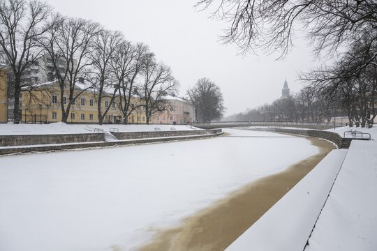 Aurajoki river frozen in winter, Dom, Turku or Swedish &Aring;bo, Varsinais-Suomi, Finland