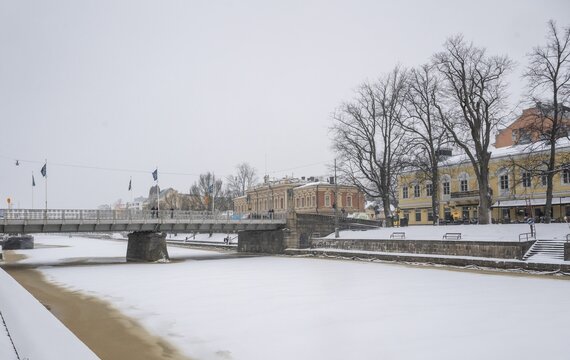 Auransilta bridge crossing the Aurajoki river, winter Turku or Swedish &Aring;bo, Varsinais-Suomi, Finland