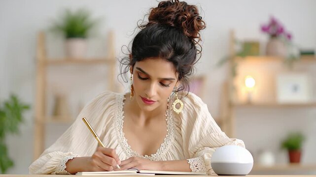 Woman writing in journal at home with warm natural light and cozy decor