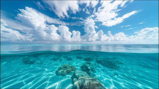 Split view time-lapse of turquoise ocean with clouds moving over transparent water and coral reef.