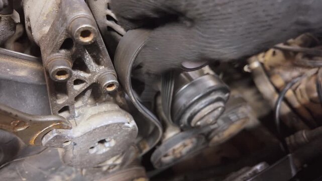 Professional auto mechanic using a wrench to release the tensioner pulley and remove the old serpentine belt from a car engine during a scheduled vehicle maintenance service
