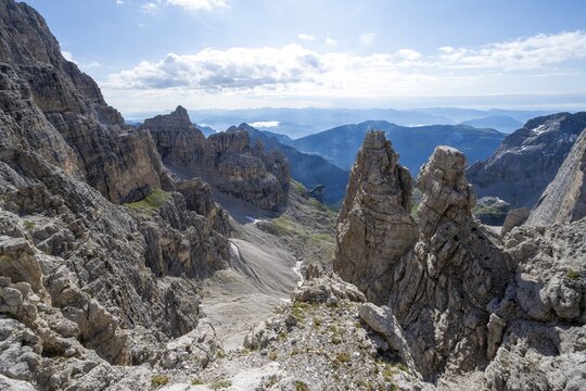 Spectacular mountain landscape with steep cliffs and rock towers, Via Ferrata Bocciere Centrale via ferrata, Brenta Mountains, Parco Naturale Brenta-Adamello, Trentino, Italy