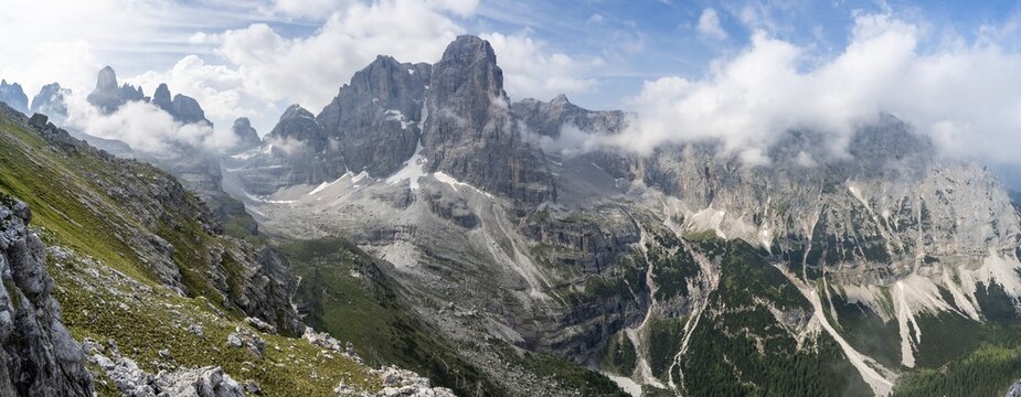 View of picturesque mountain landscape with rocky peaks, Cima Tosa peaks in the back, Via Ferrata SOSAT via ferrata, Brenta Mountains, Trentino, Italy