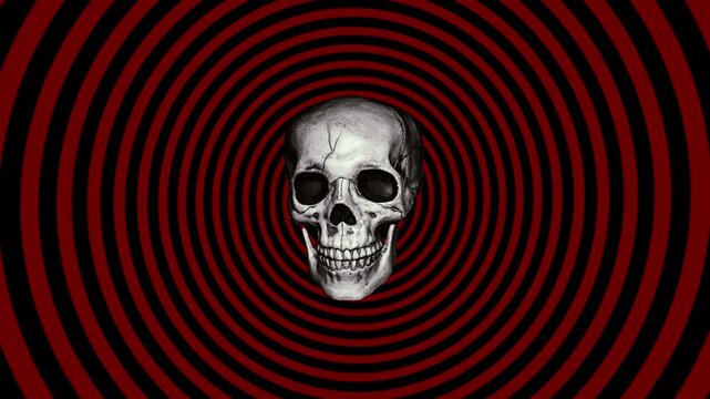 Skull with animated moving jaw against a red and black hypnotic spiral background. Halloween skeleton psychedelic talking.