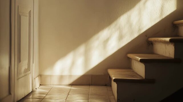 Warm sunlight casts a strong diagonal shadow on the white wall next to a wooden staircase, creating a serene and inviting atmosphere in a quiet interior space