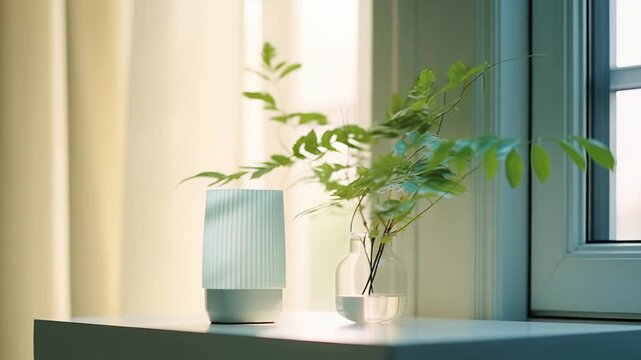 Modern smart speaker device sits on a white table near a window, harmonizing smart home technology with nature for a serene and comfortable living space