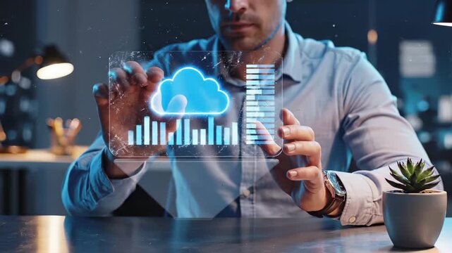 Businessman interacts with holographic cloud computing interface displaying data analytics and chart visualization. Professional touches futuristic cloud technology display with data graphs in modern