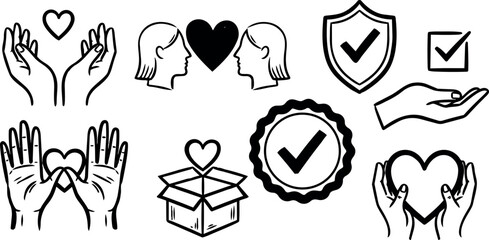 Fototapeta premium Black and white hand drawn line art vector set with hands holding hearts check marks and love icons for charity and trust