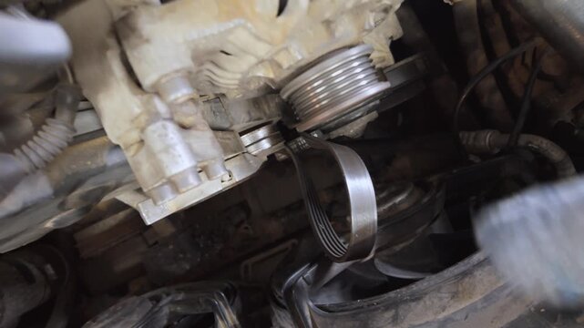 Professional auto mechanic wearing protective gloves working on a car engine, replacing the old, worn-out v-ribbed alternator belt during a routine vehicle maintenance service in a garage