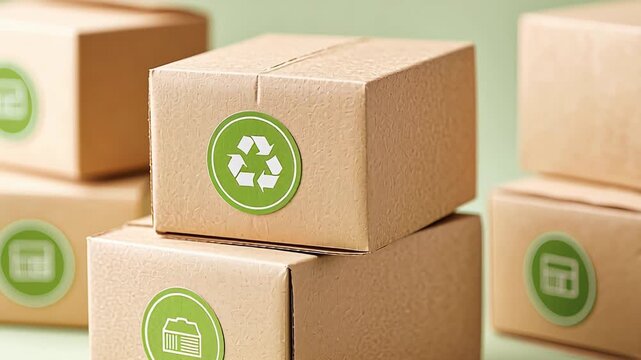 Eco-friendly packaging boxes with recycle symbol on green background