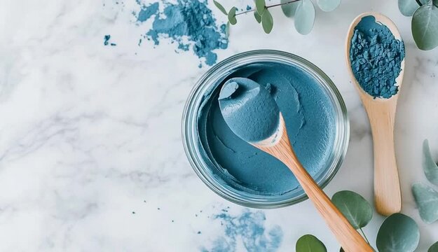 Clear glass bowl filled with blue spirulina powder or blue clay face mask, wooden spoon inside the bowl and another wooden spoon with blue powder beside it on white marble surface
