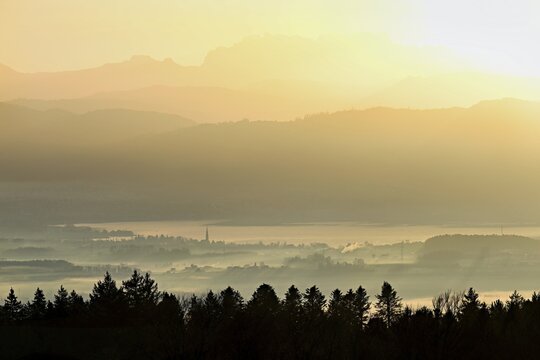 View from Horben of Lake Zug with the city of Cham and Zug covered in fog, behind it the snow-capped mountains Fl&uuml;brig and Vrenelisg&auml;rtli in the light of the rising sun, Beinwil-Freiamt, Canton, Aargau, Switzerland