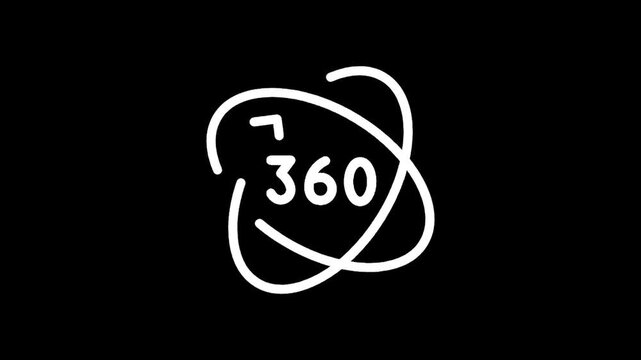Simple white 360 degrees symbol on a black background, minimalist design