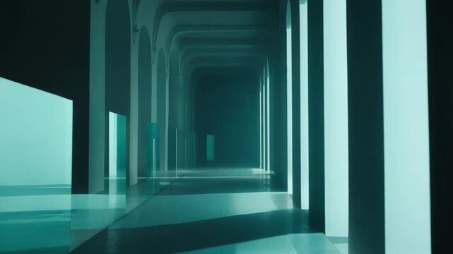 Empty hall stretching into the distance with a repeated pattern of sleek columns and arches, creating a sense of depth and serene, minimalist architecture