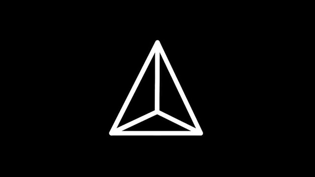 Minimalist white tetrahedron outline on a stark black background, abstract geometric concept