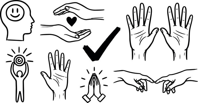 Hand drawn black line art of praying hands open palms heart holding human head with smile and check mark simple vector icons