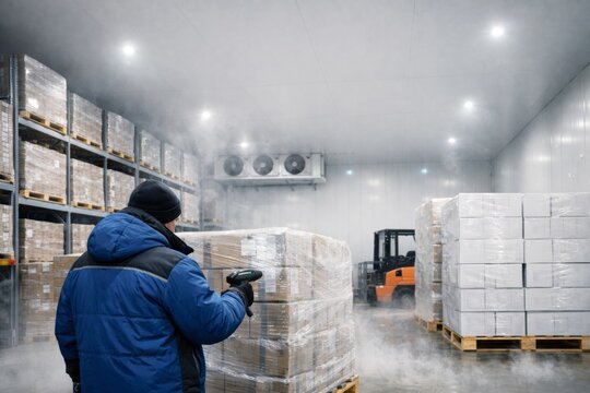 Worker in cold storage warehouse scanning inventory with a handheld device