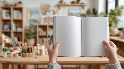 open book with Blank pages open book hold Little Child's hands nursery room. Mockup childhood education reading concept image neutral background.