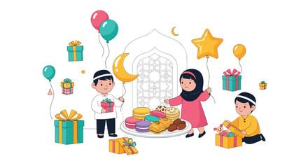 Naklejka premium Children celebrating Eid with sweets gifts and balloons featuring a mosque archway and festive decorations capturing the joy of the Islamic holiday, Generative AI.