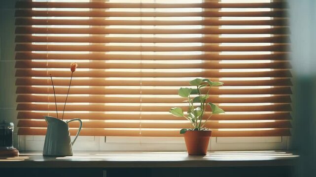Warm sunlight filters through horizontal window blinds, casting striped shadows across a cozy windowsill with a green houseplant in a terracotta pot and a decorative pitcher holding a dried flower
