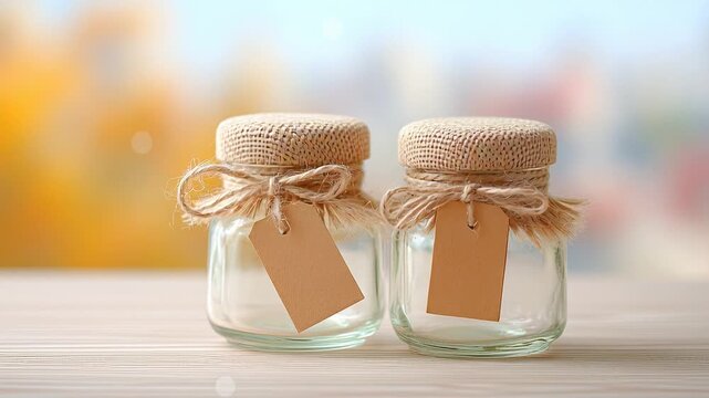 Rustic glass jars with burlap lids and blank tags on wooden table against autumn background