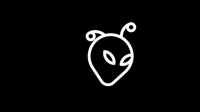 Minimalist white alien head icon on a stark black background, representing extraterrestrial life