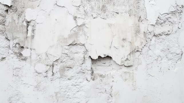 Close-up texture of a weathered and peeling white painted concrete wall with visible cracks and imperfections.