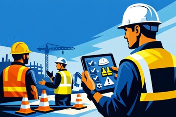 Fototapeta premium Construction workers using tablet for safety checks and project management on site