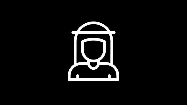Simple white icon of a person with long hair and a head covering on a black background