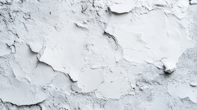 Close-up texture of cracked white plaster on a wall, showing rough surface details and shadows.
