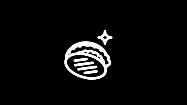 Simple white line art icon of a taco with a sparkle effect on a black background