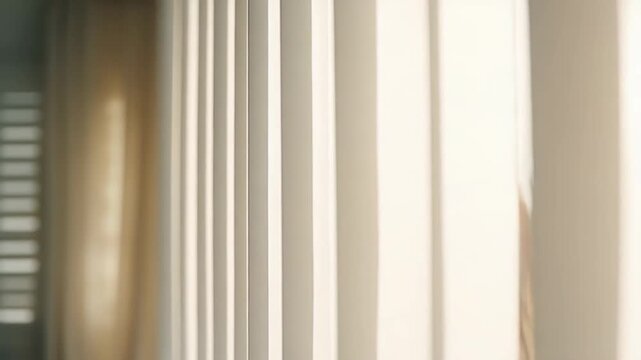 Vertical slat blinds creating an abstract pattern with contrasting light and shadow, capturing a serene and bright interior view, focusing on texture and modern design