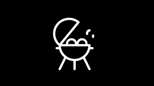 Simple white line icon of a barbecue grill with smoke on a black background