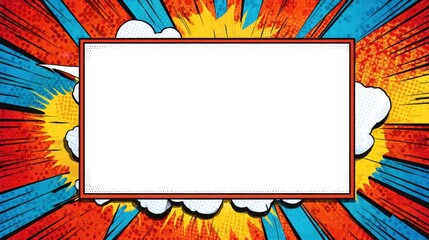 Bright Comic Style Background with Blank Center Rectangle for Text, Colorful Burst Effects in Red, Blue, and Yellow