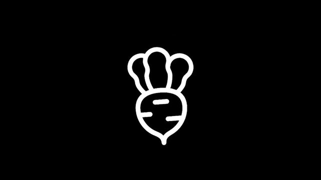 Simple white line art icon of a beet on a black background