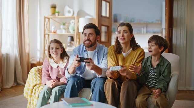 Frustrated family losing video game bright flat. Emotional parents kids defeat