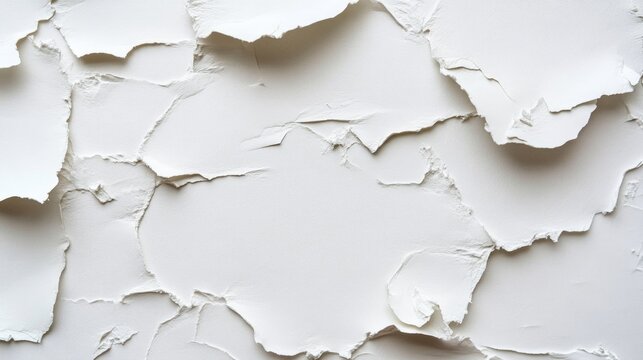Close-up abstract texture of peeling white paint on a textured surface, showing layers and rough edges.