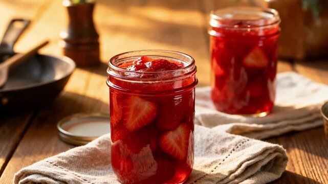 Medium shot of vibrant strawberry jam jars cooling on soft towels showcasing rich red hues and smooth texture in a rustic kitchen setting.