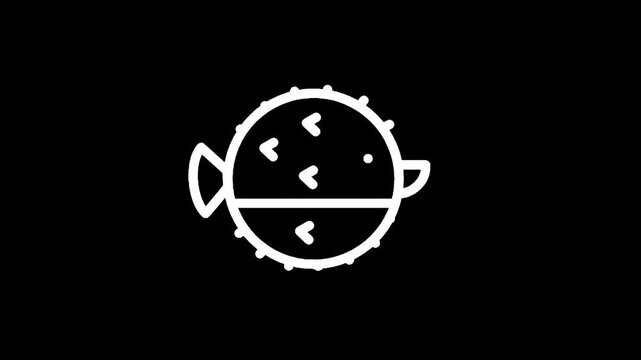 Simple white line art icon of a pufferfish on a black background