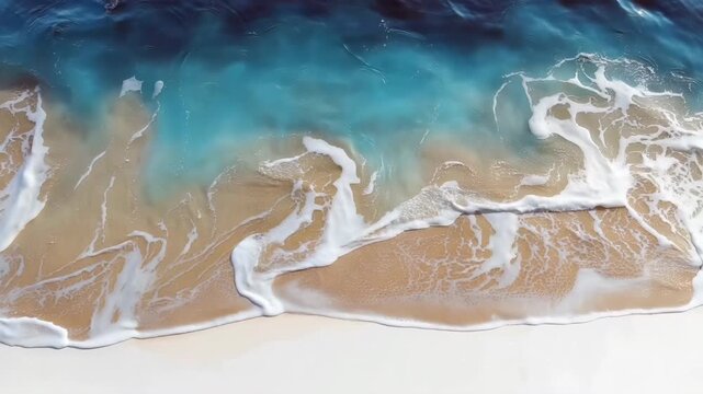 Top down aerial of turquoise ocean wave washing onto sandy beach with white foam and copy space