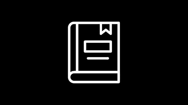 Simple white outline of a closed book with a bookmark on a black background