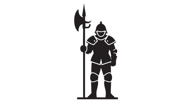 A medieval knight in full armor holding a halberd standing in a heroic pose