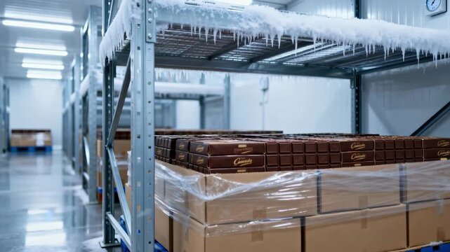 Medium shot of palletized chocolate in a temperaturecontrolled warehouse featuring high racks and precise climate regulation for optimal product preservation.