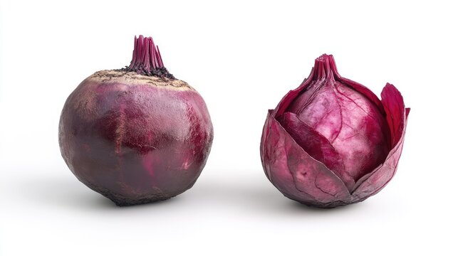 Two whole red onions, one peeled and opened, isolated on a white background.