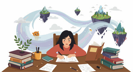 Imaginative student writing, with fantastical floating islands and whimsical creatures symbolizing creative thought and learning and escape. © Nafa Project