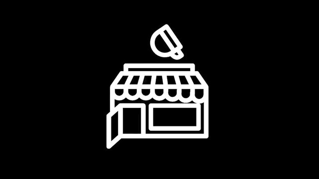 Simple line art icon of a coffee shop with an open door and a cup above the awning