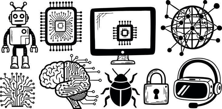 Hand drawn black and white robot computer chip brain virtual reality headset and network connection icons set on white background