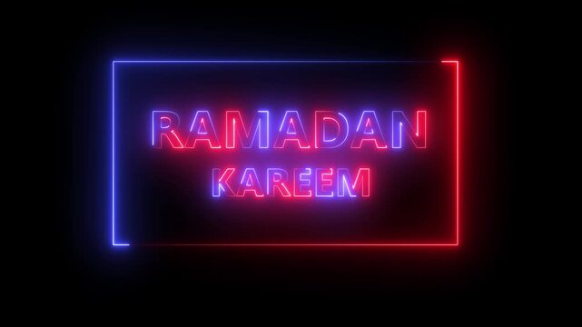 Ramadan Kareem text with cinematic neon line animation on black background. Elegant neon style glowing Happy Ramadan Arabic background. Perfect for Islamic-themed motion designs.