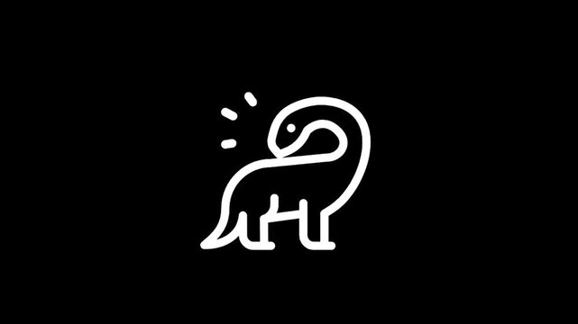 Minimalist white line art illustration of a friendly dinosaur on a black background